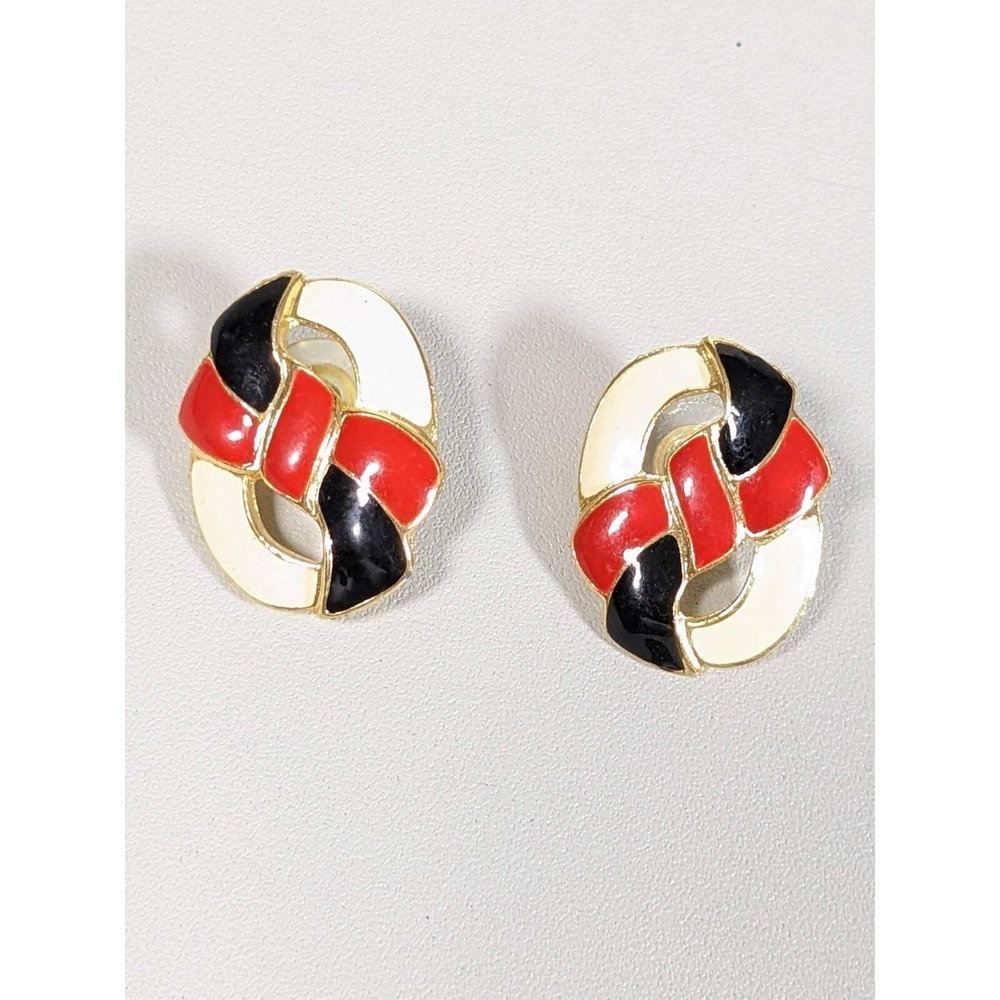 Vintage Gold Tone Red Black Ivory Color Bow Knot Oval Earrings